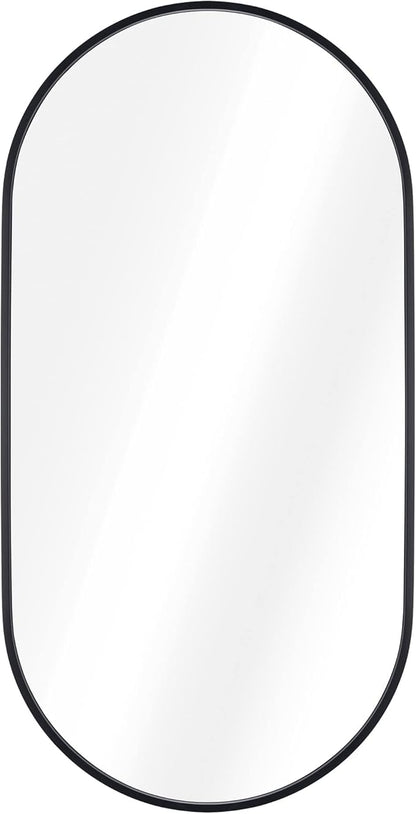Navaris Oval Wall Mirror - 29.5" x 15" - Wall Mounted Hanging Mirror with Black Rustproof Aluminum Frame - Mirror for Bathroom Restroom Hallway