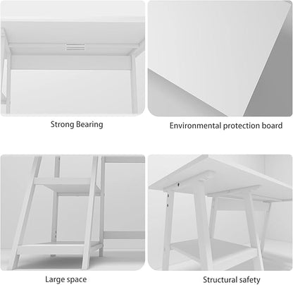 Natwind 51" White Desk with 2-Tier Storage Shelves,Home Office Computer Desk, Study Table for Kids Student Girls,Writing Desk,Modern Simple Basic Desk Workstation for Bedroom Home Office