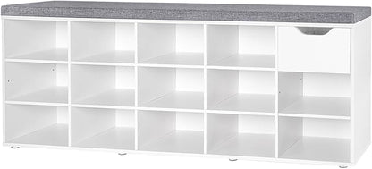 DINZI LVJ Shoe Bench, Entryway Storage Bench with Drawer and 14 Cubbies, Long Cubby Shoe Rack with Adjustable Shelves, Organizer for Living Room, Bedroom, Mudroom, Garage, White