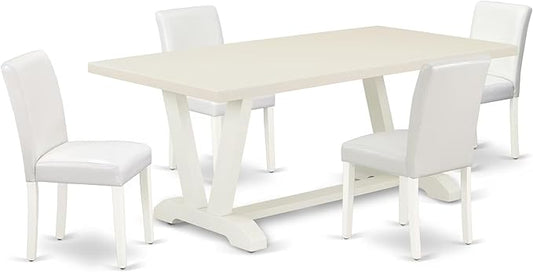 East West Furniture V027AB264-5 5 Piece Dinette Set Includes a Rectangle Dining Room Table with V-Legs and 4 White Faux Leather Upholstered Parson Chairs, 40x72 Inch, Multi-Color