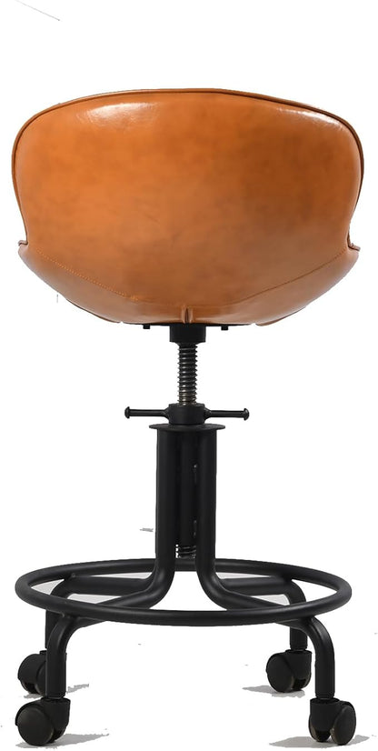 Topower Antique Industrial Design Metal Adjustable Height Kitchen Dining Breakfast Chair Industrial Style Bar Stool with Wheels, Fully Welded, Cinnamon PU Leather Seat