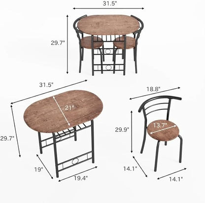 Shahoo 3-Piece Wooden Dining Table Set, Kitchen Breakfast Nook Sets with 2 Chairs & Round Tabletop, Space Saving Furniture Metal Frame and Built-in Wine Rack, Brown