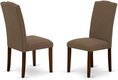 East West Furniture OXEN3-MAH-18 3 Piece Dining Room Table Set Contains a Square Wooden Table and 2 Dark Coffee Linen Fabric Upholstered Parson Chairs, 36x36 Inch, Mahogany