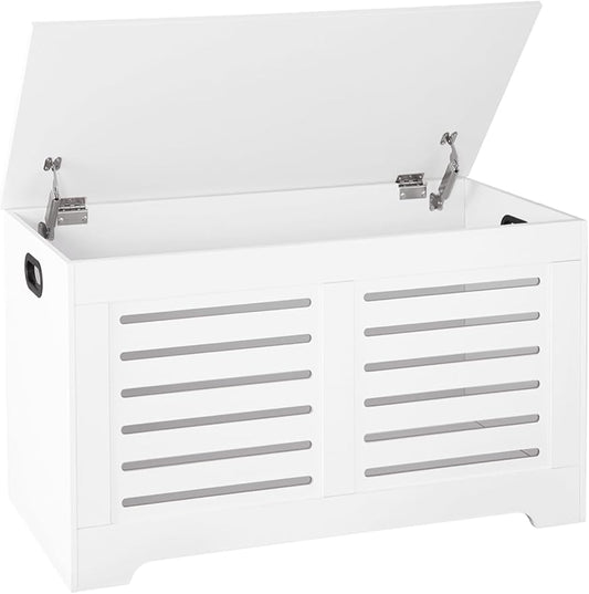 DINZI LVJ Storage Chest, Flip-top Wooden Toy Box Organizer with 2 Safety Hinges, Entryway Shoe Bench, Good Ventilation, Storage Bench for Living Room, Bedroom, Easy Assembly, White