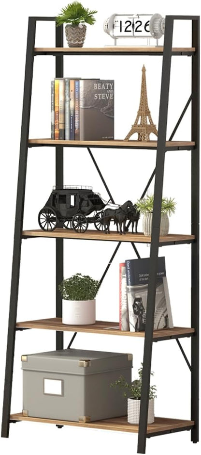 BON AUGURE Industrial 5 Tier Ladder Bookshelf, Wood and Metal Ladder Shelf Bookcase, Farmhouse Leaning Shelves for Living Room (Vintage Oak)