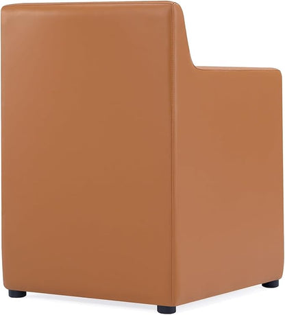 Manhattan Comfort Anna Square Modern Dining Chair with Arms, Head-to-Toe Faux Leather Upholstered Accent Armchair with Plastic Foot Padding, Set of 2, Saddle