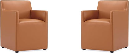 Manhattan Comfort Anna Square Modern Dining Chair with Arms, Head-to-Toe Faux Leather Upholstered Accent Armchair with Plastic Foot Padding, Set of 2, Saddle