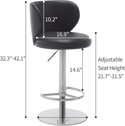 Stainless Steel Bar Stools,Grade Modern Leather Bar Chair with Backrest,Swivel Adjustable Height for Kitchen Counter and Dining Room (Black Leather-1pc)
