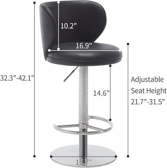 Stainless Steel Bar Stools,Grade Modern Leather Bar Chair with Backrest,Swivel Adjustable Height for Kitchen Counter and Dining Room (Black Leather-1pc)