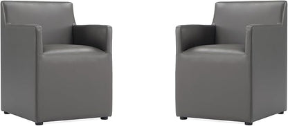 Manhattan Comfort Anna Square Modern Dining Chair with Arms, Head-to-Toe Faux Leather Upholstered Accent Armchair with Plastic Foot Padding, Set of 2, Pewter