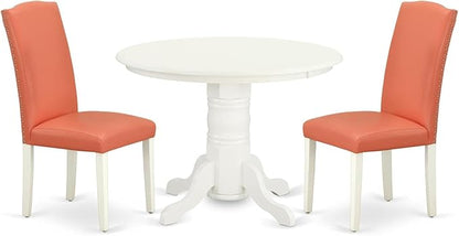 East West Furniture SHEN3-LWH-78 3 Piece Dining Table Set Contains a Round Kitchen Table with Pedestal and 2 Pink Flamingo Faux Leather Upholstered Chairs, 42x42 Inch, Linen White