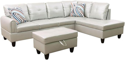 Silver Green L-Shaped 3-Piece Faux Leather Sofa with Storage Ottoman Set, Sectional Couch Sofa Set for Living Room, Office, Small Space