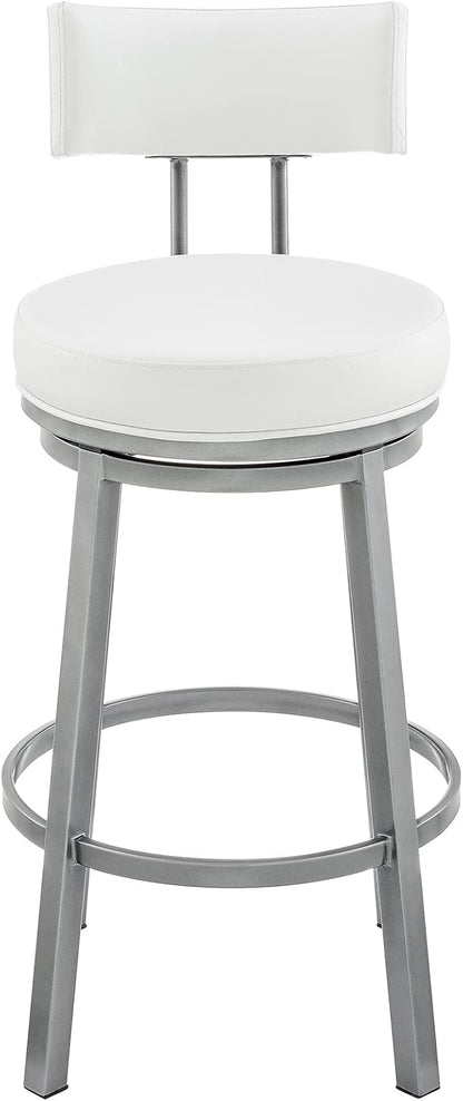 Armen Living Dalza Swivel Counter or Bar Stool in Cloud Finish with White Faux Leather