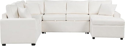 112" Luxurious Pull-out Sofa Bed Sleeper with Storage Ottoman,Sectional Sleeper Couch W/ 3 Pillows,2 USB ports & 2 Power Sockets,Corner Furniture Set for Living Room Large Space,Cream Chenille