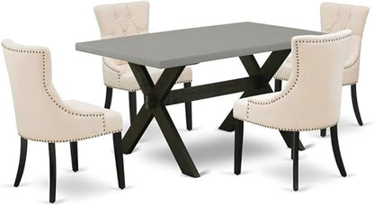 East West Furniture X696FR102-5 5 Piece Dining Set Includes a Rectangle Dining Room Table with X-Legs and 4 Light Beige Linen Fabric Upholstered Chairs, 36x60 Inch, Multi-Color