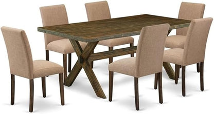 East West Furniture X777AB747-7 7 Piece Dining Room Furniture Set Consist of a Rectangle Dining Table with X-Legs and 6 Light Sable Linen Fabric Parsons Chairs, 40x72 Inch, Multi-Color