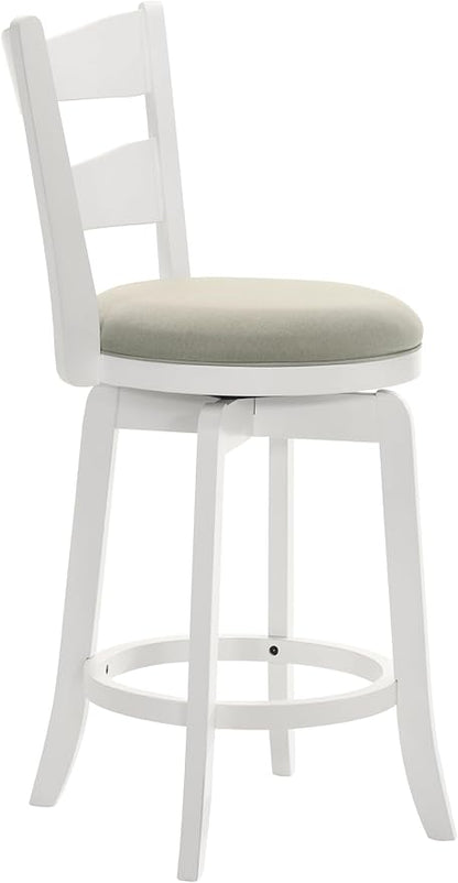 Armen Living Blair 26 in. Matte White Counter Height Rubberwood Swivel Barstool with Fog Fabric Seat