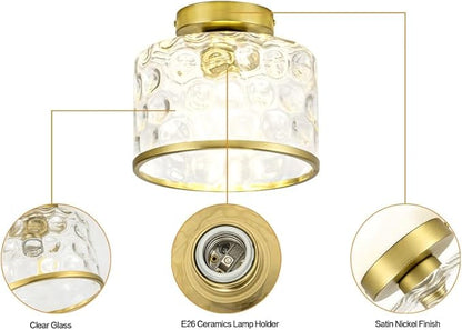 Gold Flush Mount Ceiling Light with Clear Hammered Glass lampshade, Farmhouse Ceiling Lights Fixture in Satin Brass for Kitchen Bathroom, Bulb not Included