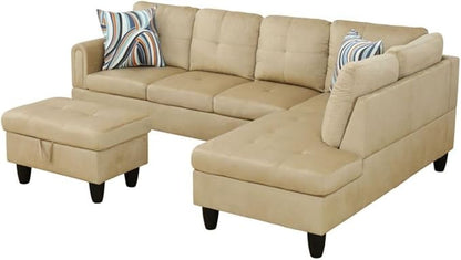 Beige L-Shaped 3-Piece Flannel Sofa with Storage Ottoman Set, Sectional Couch Sofa Set for Living Room, Office, Small Space