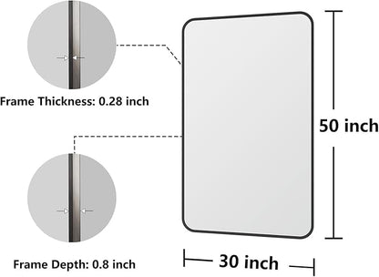 Bathroom Mirror, 30X50 Inch Black Metal Framed Mirror for Bathroom, Tempered Glass, Anti-Rust, Rounded Rectangle Mirror for Restroom, Bedroom, Black