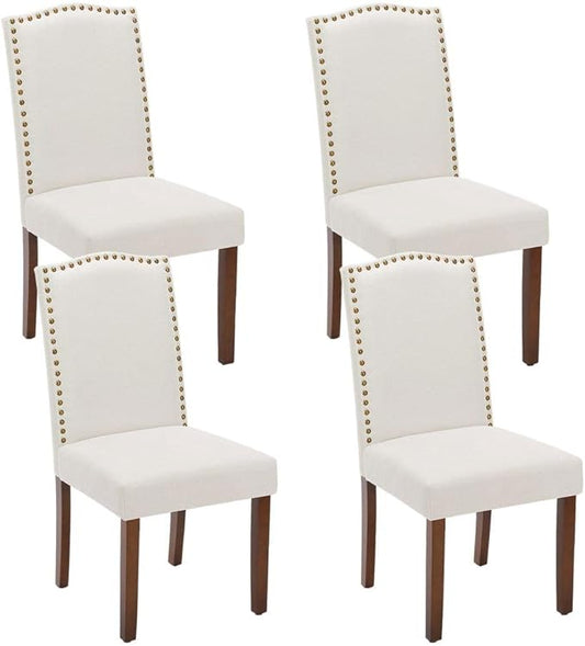Kitchen Chairs Set of 4 Modern Upholstered Fabric Seat with Nailhead Trim and Ergonomic Lumbar Support for Living Room and Rustic Farmhouse Dining Area, Beige