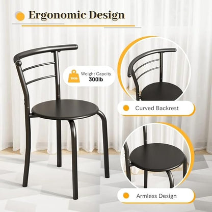 Shahoo 3-Piece Wooden Dining Table Set, Kitchen Breakfast Nook Sets with 2 Chairs & Round Tabletop, Space Saving Furniture Metal Frame and Built-in Wine Rack, Black