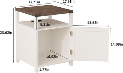 Farmhouse Nightstand Set of 2 with Charging Station, Rustic End Table Bedroom with Storage Living Room Side Table White Night Stand Industrial Bedside Bed Table with USB Ports and Outlets