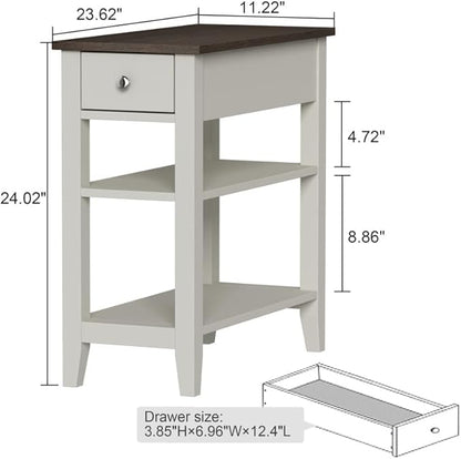 ChooChoo Side Table Living Room, Narrow End Table with Drawer and Shelf, 3-Tier Sofa End Table for Small Space, White and Brown
