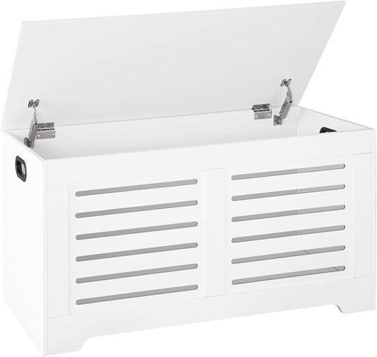 DINZI LVJ Storage Chest, Flip-Top Wooden Toy Box with 2 Safety Hinges, Retro Entryway Shoe Storage Bench, Sturdy Large Storage Trunk for Living Room, Bedroom, Easy Assembly, White