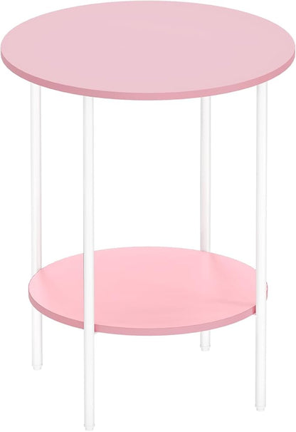 Side Table,Round End Table with 2 Storage Shelves| Compact Side Tables for Living Room, Couch, Office & Bedroom | Narrow Accent Table as Space-Saving Small Bedside Table 18x18x22in (Pink)