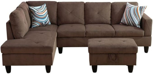 Brown L-Shaped 3-Piece Corduroy Fabric Sofa with Storage Ottoman Set, Sectional Couch Sofa Set for Living Room, Office, Small Space