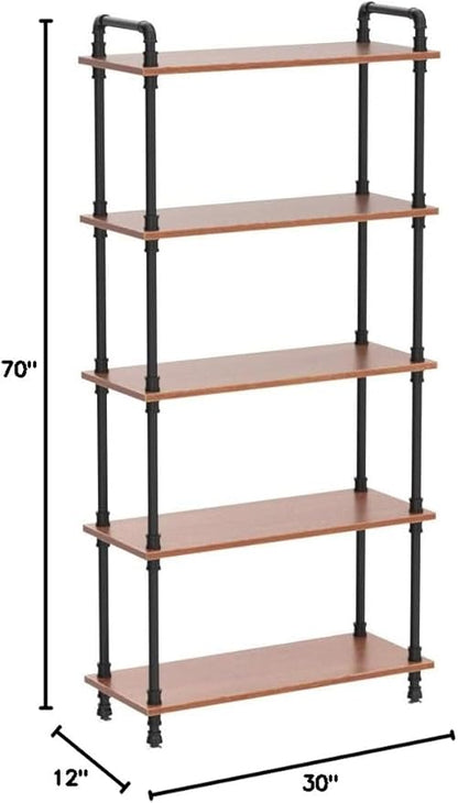 Industrial Bookshelf, 5 Shelf Bookcase, Rustic Brown Pipe Shelving (29.5" L x 11.8" W x 70" H)