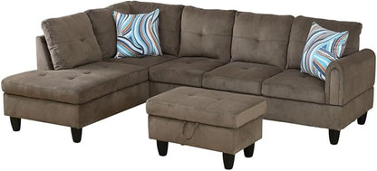 Brown L-Shaped 3-Piece Corduroy Sofa with Storage Ottoman Set, Sectional Couch Sofa Set for Living Room, Office, Small Space