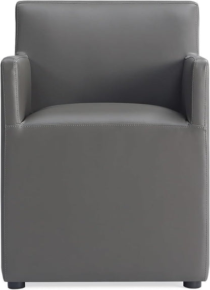 Manhattan Comfort Anna Square Modern Dining Chair with Arms, Head-to-Toe Faux Leather Upholstered Accent Armchair with Plastic Foot Padding, Set of 2, Pewter