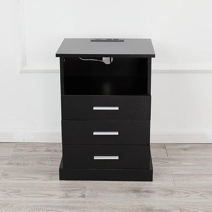 Black LED Nightstand with Charging Station, Side Table with 3 Drawers and Light, End Table with Open Storage, Beside Cabinet for Bedroom (Black)