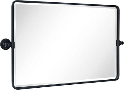 TEHOME 20x33'' Horizontal Farmhouse Black Metal Framed Rounded Pivot Rectangle Bathroom Mirror Tilting Beveled Vanity Mirrors for Wall