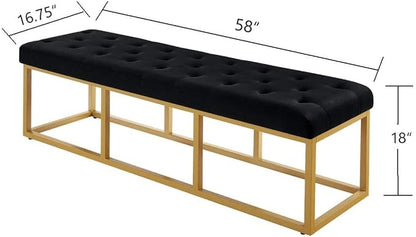 24KF Upholstered Tufted Long Bench with Golden Metal Leg, Black Velvet Bench with Padded Seat-Black