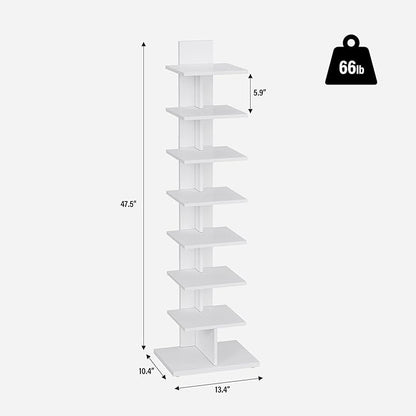 TUTOTAK Narrow Bookshelf, 8-Tier Bookcase, Spine Book Shelf for Small Space, Corner Standing Shelf for Living Room, Office, Study, Entryway, White BS06BW008