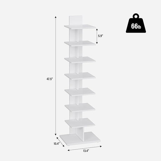 TUTOTAK Narrow Bookshelf, 8-Tier Bookcase, Spine Book Shelf for Small Space, Corner Standing Shelf for Living Room, Office, Study, Entryway, White BS06BW008