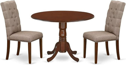 East West Furniture DLEL3-MAH-16 3 Piece Kitchen Table Set Contains a Round Dining Room Table with Dropleaf and 2 Dark Khaki Linen Fabric Upholstered Chairs, 42x42 Inch, Mahogany