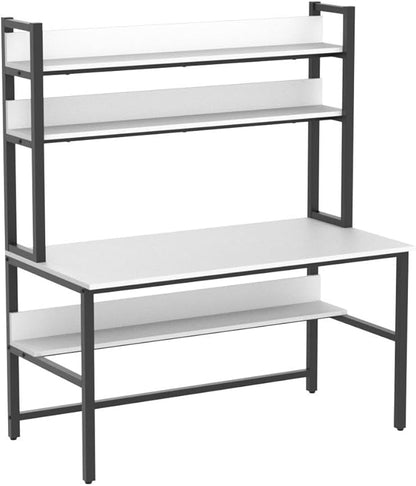 Aquzee Computer Desk, Easy Assembly Gaming Table with Hutch and Shelves, 4 Tiers Desk with Large Wood Desktop, Metal Legs, Ideal for Storage Study Work Writing Homework, White, 55Wx65Hx23.6D Inches