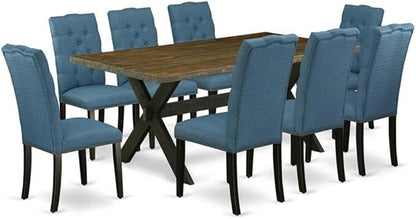 East West Furniture X677EL121-9 9 Piece Modern Dining Table Set Includes a Rectangle Wooden Table with X-Legs and 8 Blue Linen Fabric Parson Dining Room Chairs, 40x72 Inch, Multi-Color