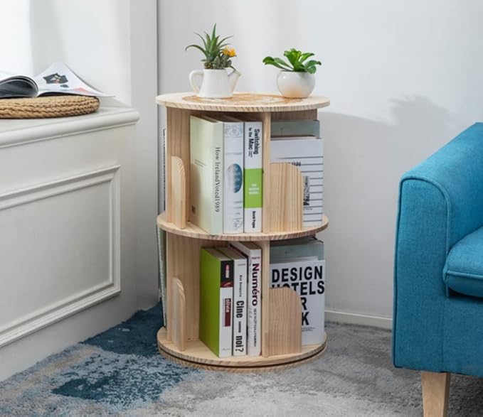Heehee Wooden Rotating Bookshelf 360 Display Floor Standing Bookcase Storage Rack for Kids&Adults Multi-Functional Bookshelf Organizer (2-Tier)