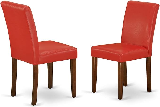 East West Furniture DLAB5-MAH-72 5 Piece Dinette Set for 4 Includes a Round Dining Table with Dropleaf and 4 Firebrick Red Faux Leather Parson Dining Room Chairs, 42x42 Inch, Mahogany