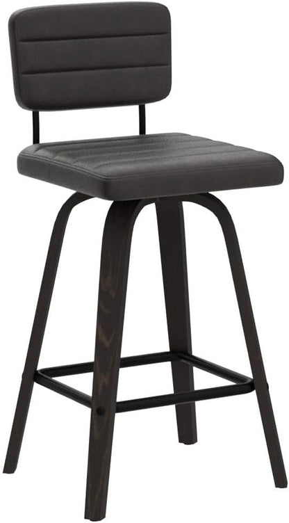 Counter Height Bar Stools Set of 2 Wood Swivel Bar Stools for Kitchen Island Modern Square Barstools with Leather Back Cushion Industrial Vintage Bar Chair Rustic Furniture for Home Pub 24 Inch Brown