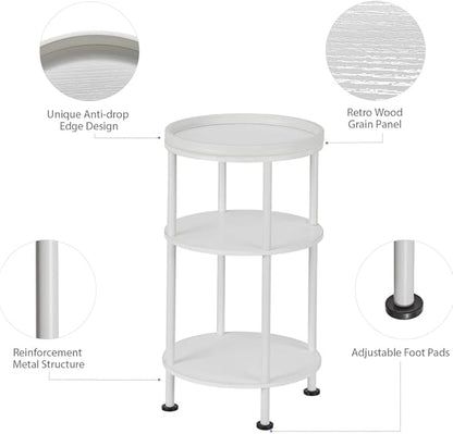 Small Round End Table with Charging Station, 3-Tier Accent Couch Beside Table with USB Ports & Power Outlets, Sofa Side Table for Living Room Small Nightstand Bedroom (Classic, White)