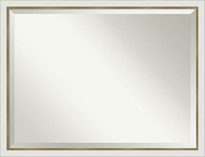 Amanti Art White Bathroom Mirror for Over Sink, 33x43 Eva White Gold Narrow Rectangle Vanity Mirror, X-Large Modern Contemporary Frame, Hangs Horizonally and Vertically, Bathroom Wall Decor, Beveled