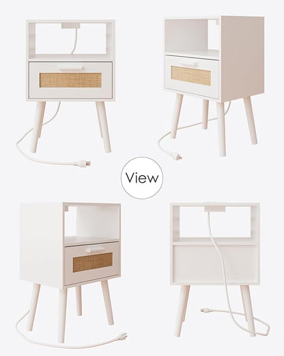 Bedroom Nightstands Wooden Night Stands with Rattan Weaving Drawer Home Bedside End Table for Bedroom Storage (Modern-White)