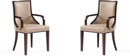 Manhattan Comfort Grand Faux Leather Dining Chairs with Arms, Padded Wingback Seat, Fine Rectangular Stitching and Solid Wood Frame, Set of 2, Tan