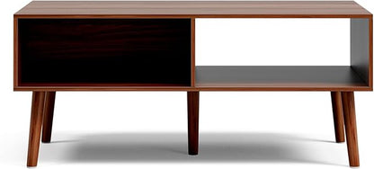 Coffee Table with Storage, Mid Century Dining Table with Sliding Fluted Door and Solid Wood Legs, Small Coffee Tables for Living Room, Walnut
